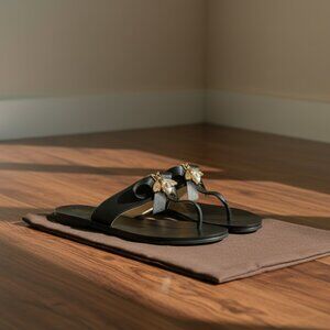 Gucci Black Leather Sandals with Gold Bee Detail